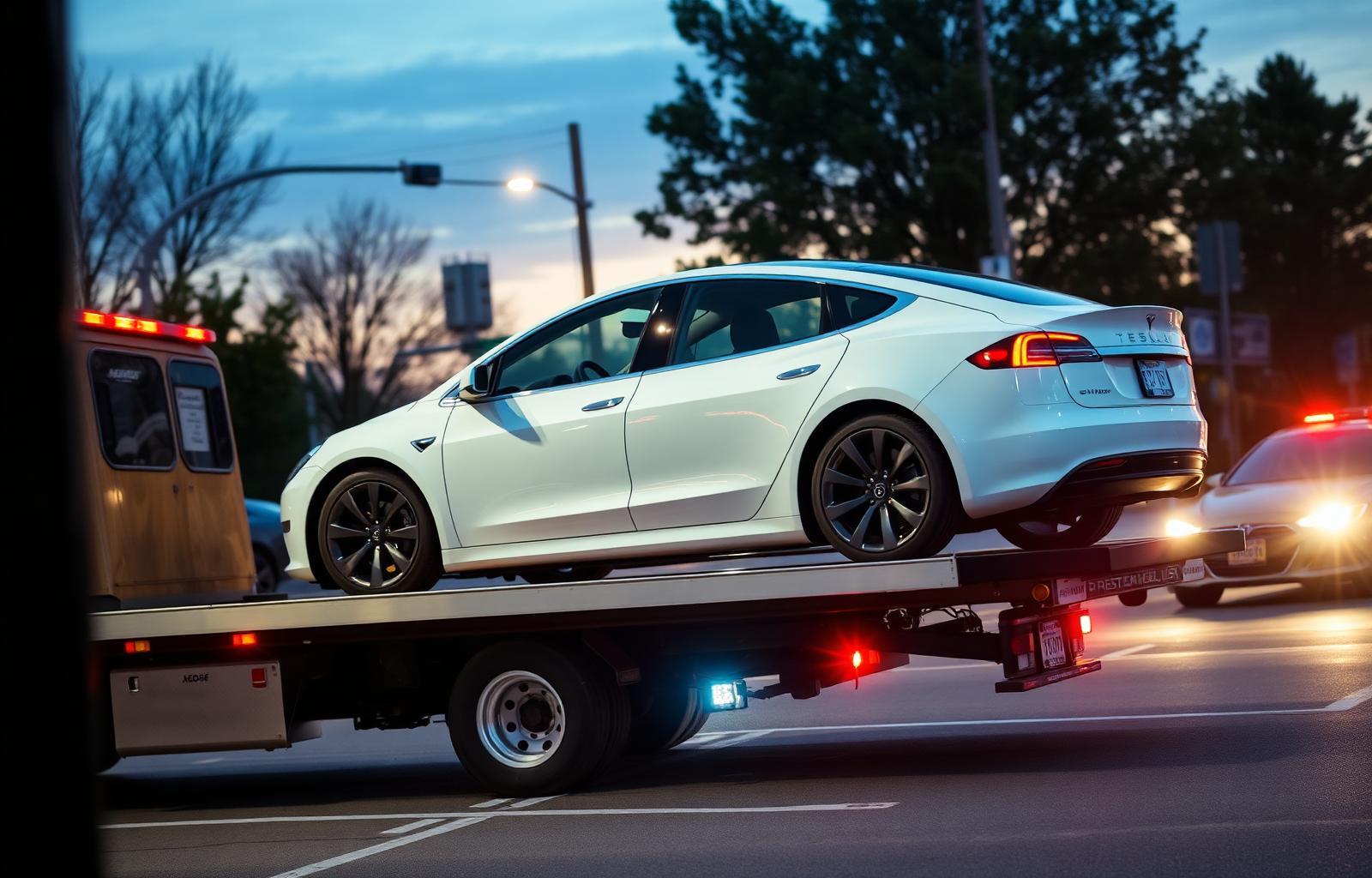 EV towing Nashville — Tesla electric vehicle loaded on flatbed tow truck for safe drivetrain-free transport