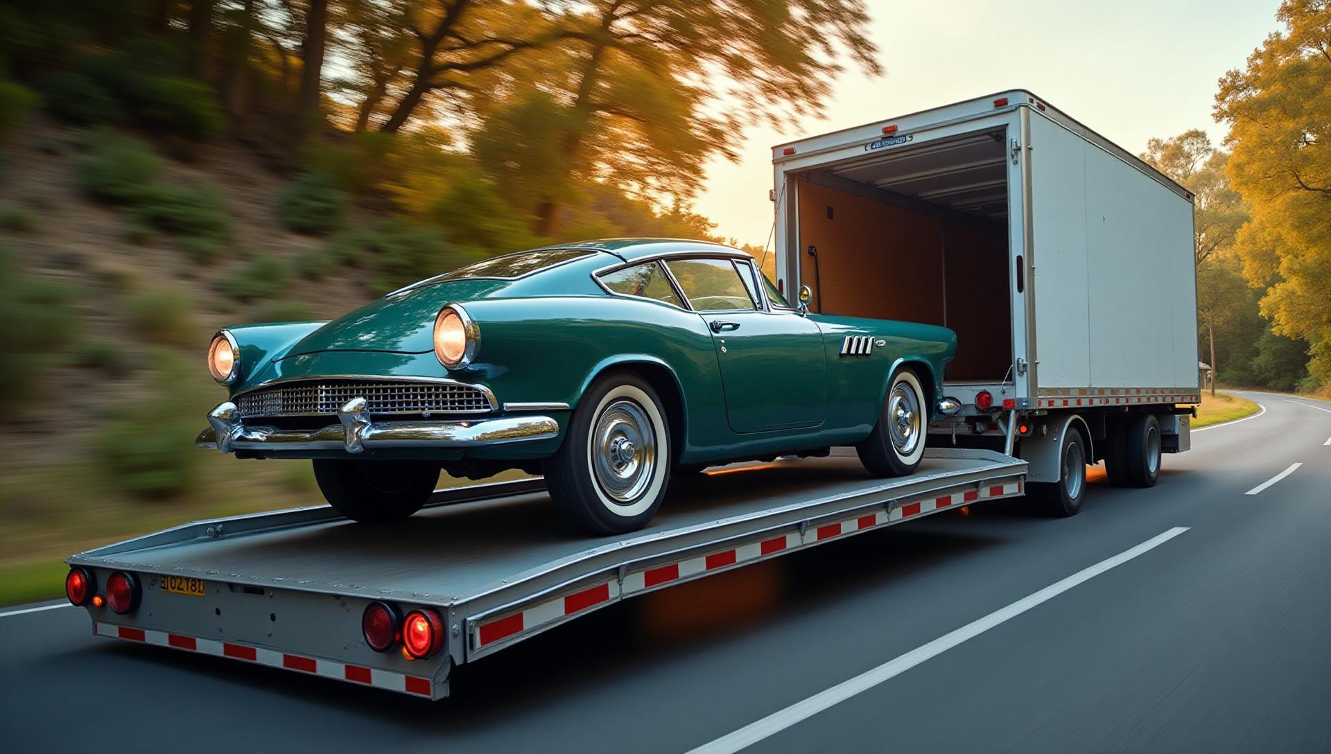 Vintage classic car being carefully transported on enclosed flatbed tow truck