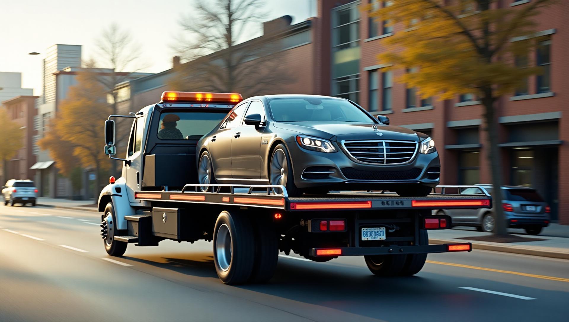 Professional flatbed towing near me Nashville TN - safely transporting luxury AWD vehicle with all wheels off ground