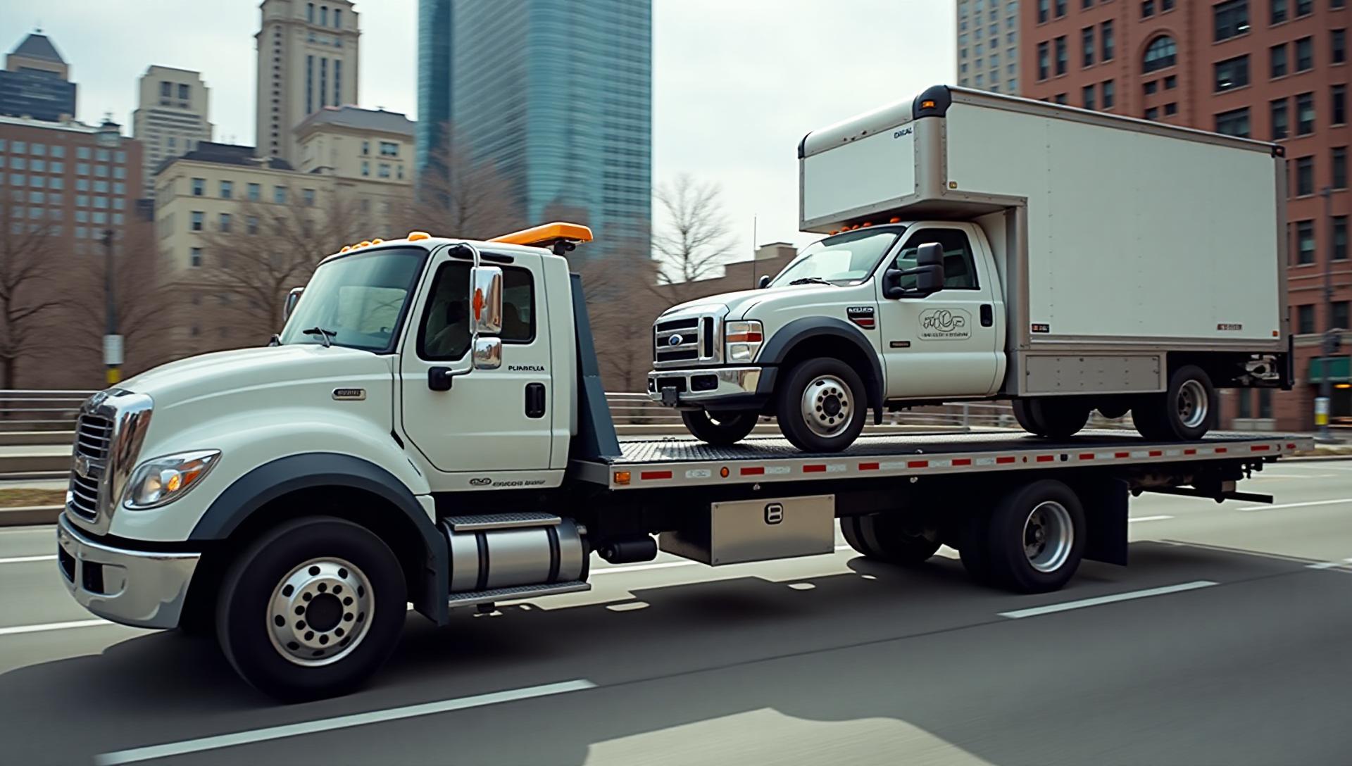Medium duty towing near me Nashville - commercial box truck on heavy duty flatbed tow truck