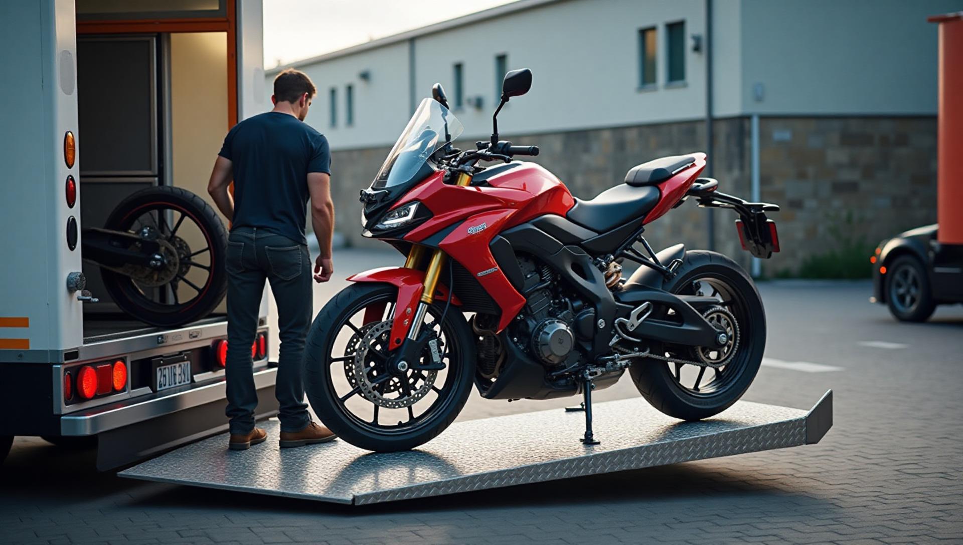 Motorcycle towing near me Nashville - sport bike being safely secured with wheel chocks on flatbed trailer
