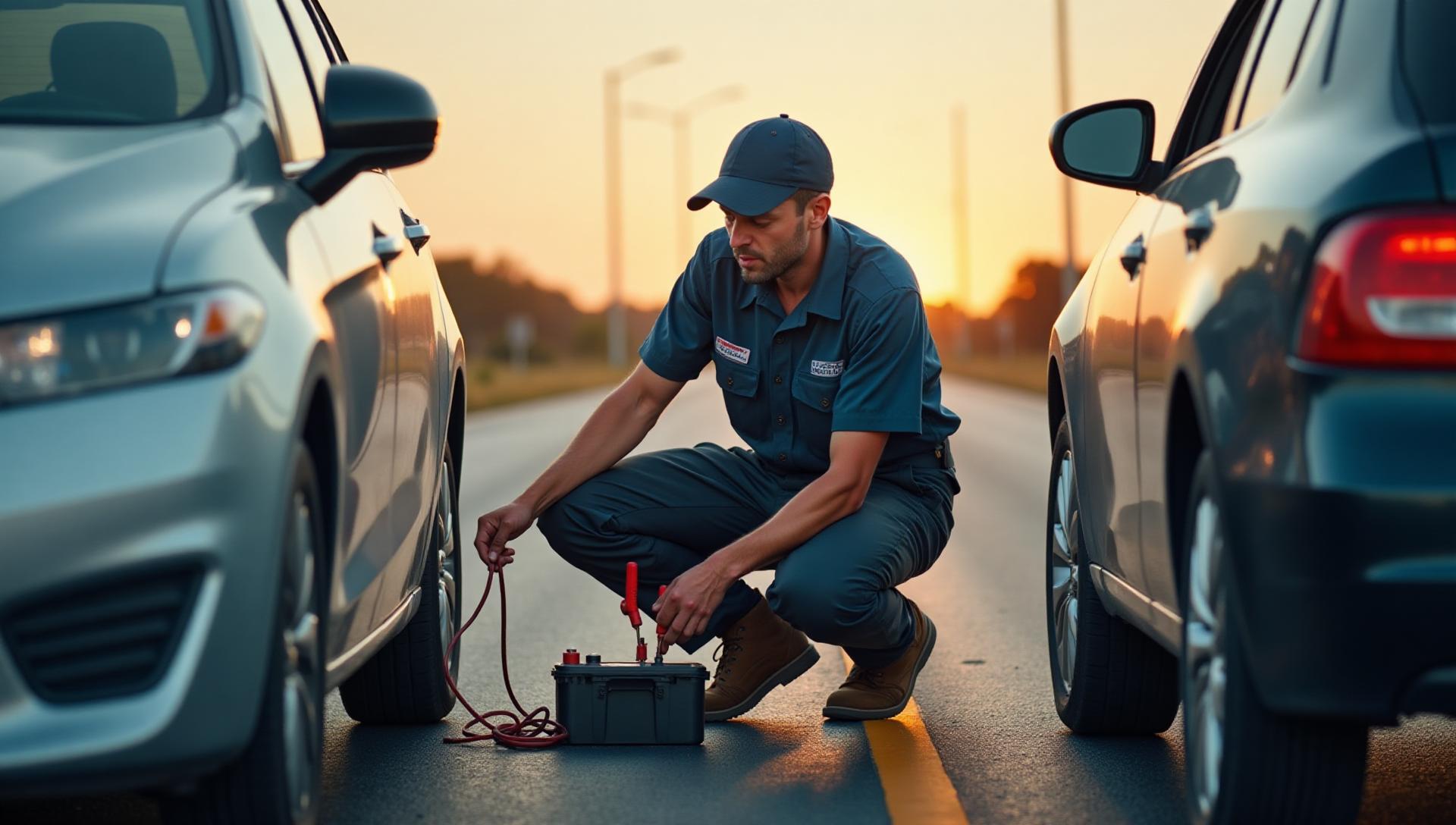 Professional roadside assistance technician helping stranded motorist in Nashville Tennessee