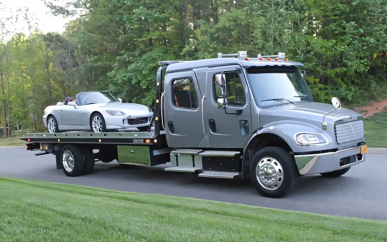 Hook Em' Up Towing wrecker with rear boom hooked to a disabled sedan on a Nashville street