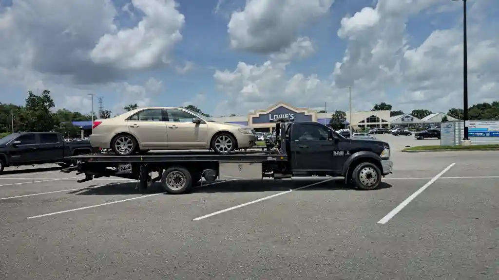 Lincoln sedan on a flatbed tow truck in a Nashville shopping center parking lot